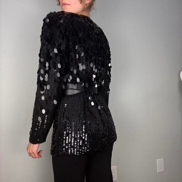 Silk black sequin blazer fringe 80s vintage - fits like modern small / medium - Picture 7 of 8